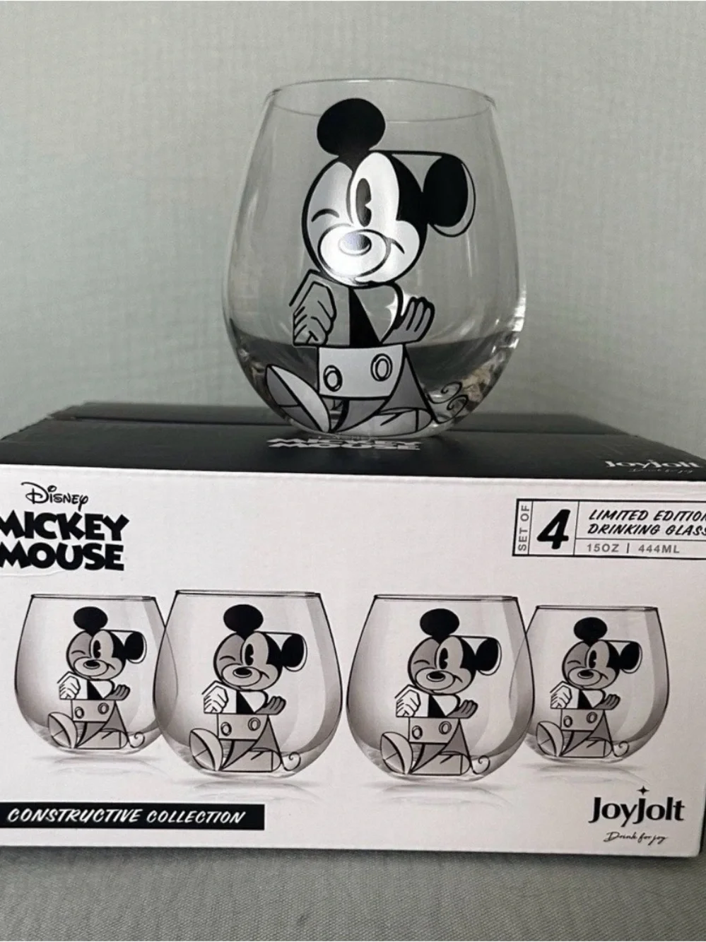 Disney Stemless Glass with Black Mickey Mouse Graphic (4) New